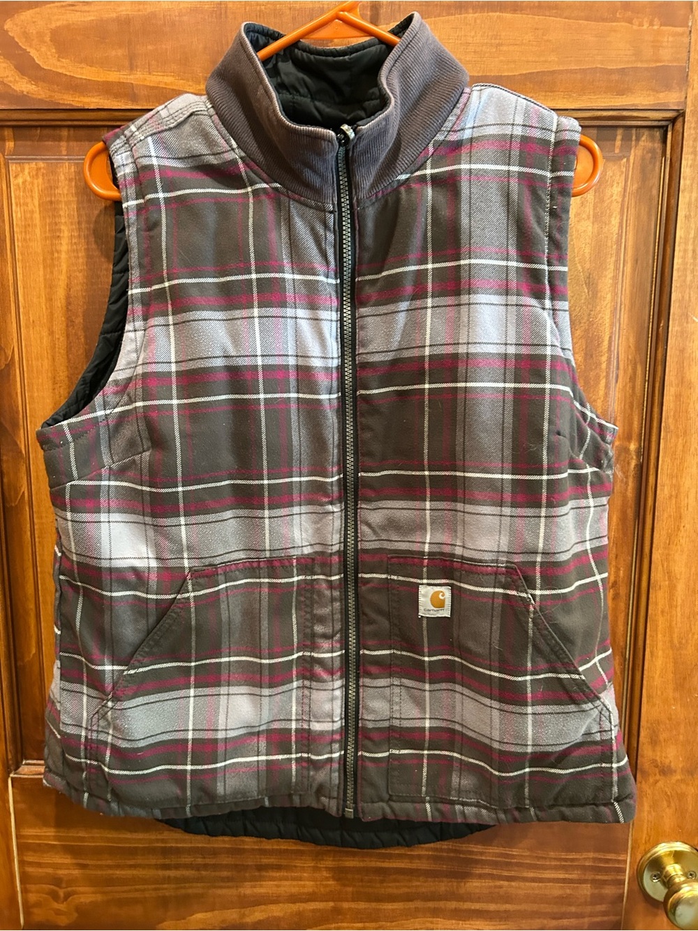 Carhartt Brown Gray and Pink Plaid Quilted Work Vest